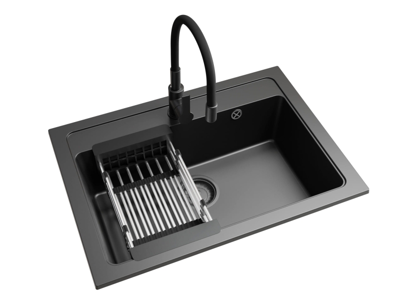 Zlewozmywak granitowy jednokomorowy DG022 + bateria flex 
